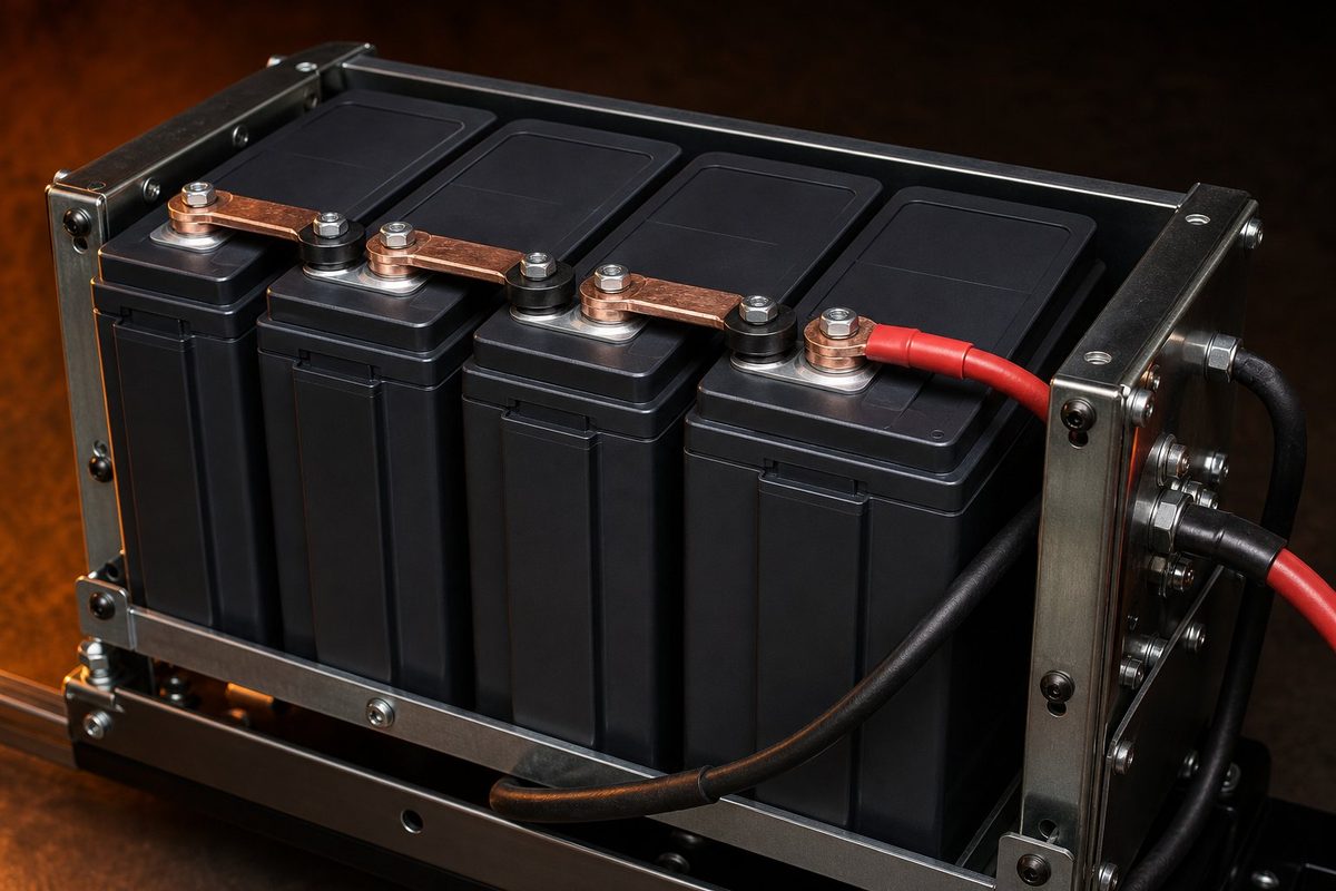 Close-up of a 48V sealed battery bank with dressed cabling