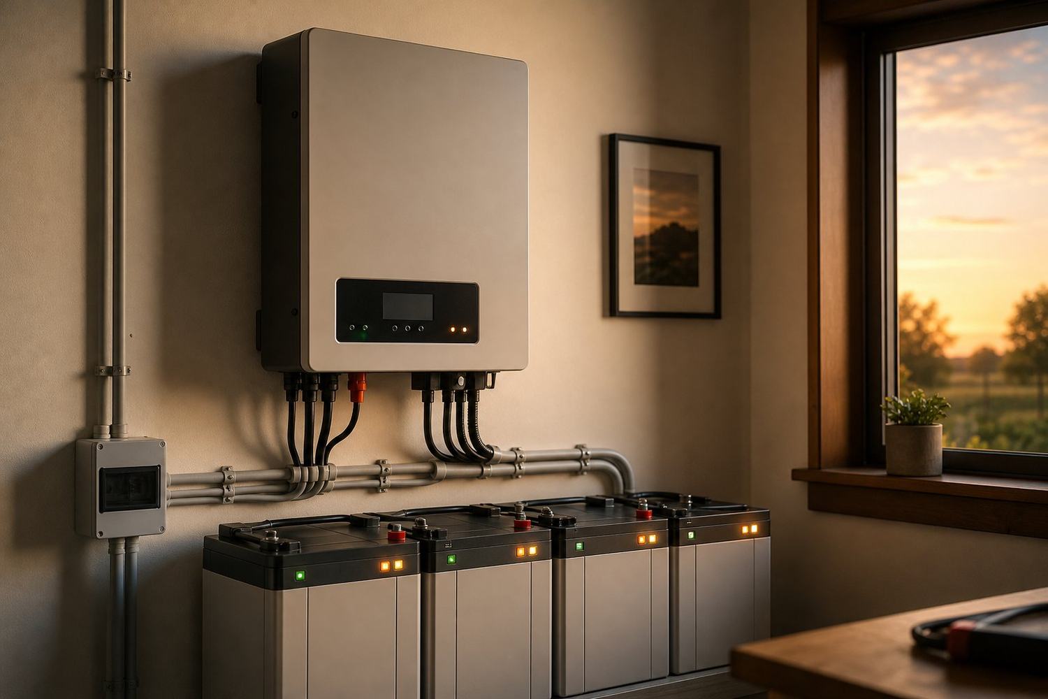 A hybrid inverter and battery installation on a clean utility-room wall