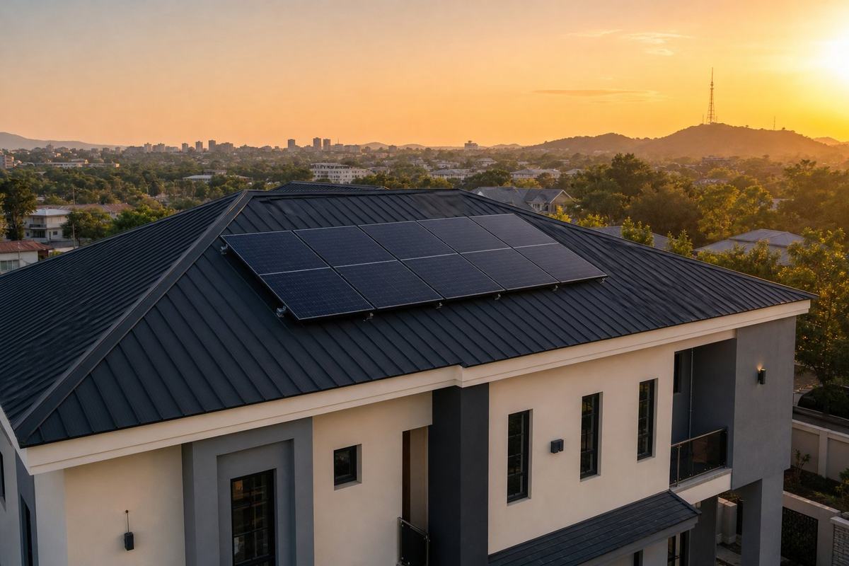 A modest solar panel array on a house roof at golden hour