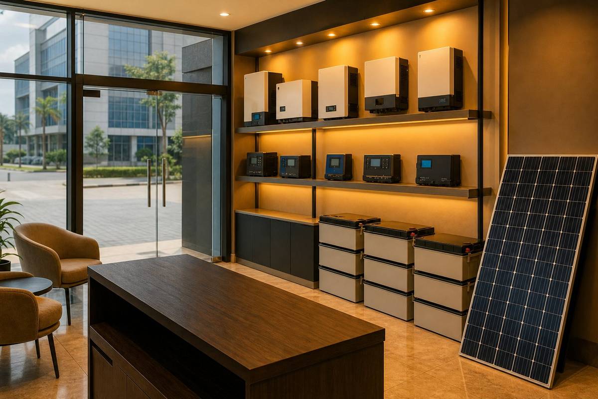 A small power-equipment showroom with inverters and batteries on display